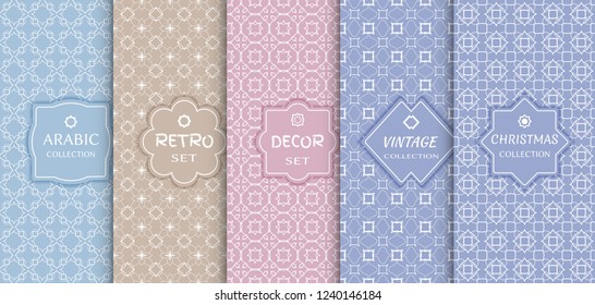 Set of seamless line patterns, colored background. Stylish decorative vintage, retro, arabic, christmas label decor set. Abstract geometric frame, vector illustration. Art Deco style, light colors