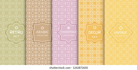 Set of seamless line patterns, colored background. Stylish decorative vintage, retro, arabic, christmas label decor set. Abstract geometric frame, vector illustration. Art Deco style, light colors