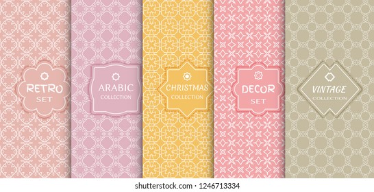 Set of seamless line patterns, colored background. Stylish decorative vintage, retro, arabic, christmas label decor set. Abstract geometric frame, vector illustration. Art Deco style, light colors