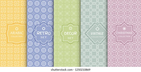 Set of seamless line patterns, colored background. Stylish decorative vintage, retro, arabic, christmas label decor set. Abstract geometric frame, vector illustration. Art Deco style, light colors