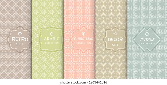 Set of seamless line patterns, colored background. Stylish decorative vintage, retro, arabic, christmas label decor set. Abstract geometric frame, vector illustration. Art Deco style, light colors