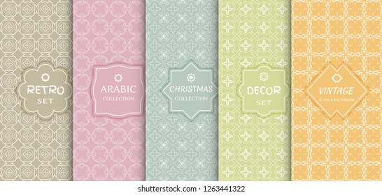 Set of seamless line patterns, colored background. Stylish decorative vintage, retro, arabic, christmas label decor set. Abstract geometric frame, vector illustration. Art Deco style, light colors