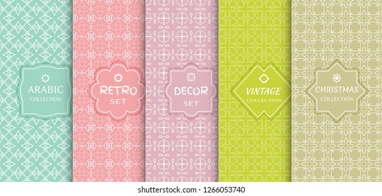 Set of seamless line patterns, colored background. Stylish decorative vintage, retro, arabic, christmas label decor set. Abstract geometric frame, vector illustration. Art Deco style, light colors