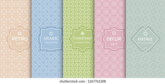 Set of seamless line patterns, colored background. Stylish decorative vintage, retro, arabic, christmas label decor set. Abstract geometric frame, vector illustration. Art Deco style, light colors