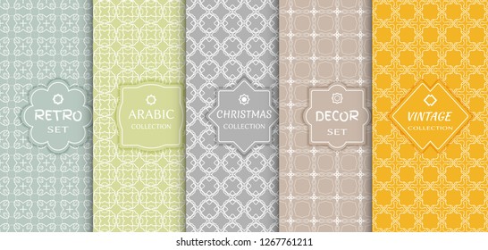 Set of seamless line patterns, colored background. Stylish decorative vintage, retro, arabic, christmas label decor set. Abstract geometric frame, vector illustration. Art Deco style, light colors