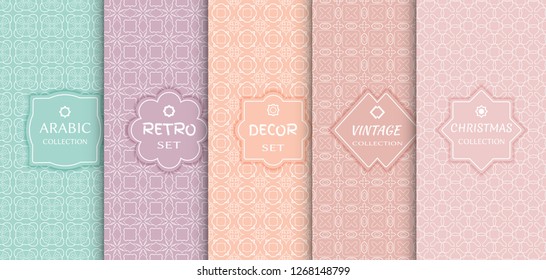 Set of seamless line patterns, colored background. Stylish decorative vintage, retro, arabic, christmas label decor set. Abstract geometric frame, vector illustration. Art Deco style, light colors