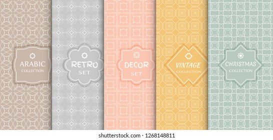 Set of seamless line patterns, colored background. Stylish decorative vintage, retro, arabic, christmas label decor set. Abstract geometric frame, vector illustration. Art Deco style, light colors