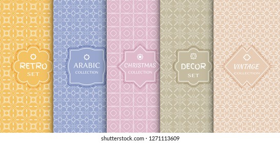 Set of seamless line patterns, colored background. Stylish decorative vintage, retro, arabic, christmas label decor set. Abstract geometric frame, vector illustration. Art Deco style, light colors