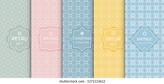 Set of seamless line patterns, colored background. Stylish decorative vintage, retro, arabic, christmas label decor set. Abstract geometric frame, vector illustration. Art Deco style, light colors