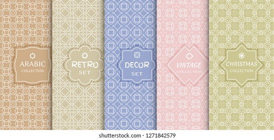 Set of seamless line patterns, colored background. Stylish decorative vintage, retro, arabic, christmas label decor set. Abstract geometric frame, vector illustration. Art Deco style, light colors