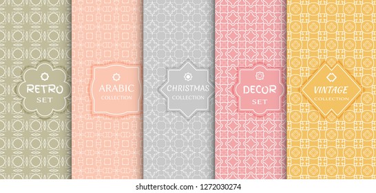 Set of seamless line patterns, colored background. Stylish decorative vintage, retro, arabic, christmas label decor set. Abstract geometric frame, vector illustration. Art Deco style, light colors
