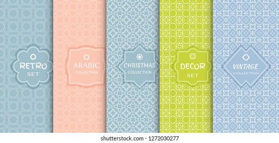 Set of seamless line patterns, colored background. Stylish decorative vintage, retro, arabic, christmas label decor set. Abstract geometric frame, vector illustration. Art Deco style, light colors