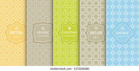 Set of seamless line patterns, colored background. Stylish decorative vintage, retro, arabic, christmas label decor set. Abstract geometric frame, vector illustration. Art Deco style, light colors