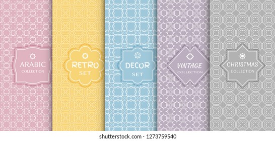 Set of seamless line patterns, colored background. Stylish decorative vintage, retro, arabic, christmas label decor set. Abstract geometric frame, vector illustration. Art Deco style, light colors