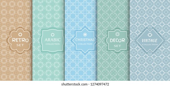 Set of seamless line patterns, colored background. Stylish decorative vintage, retro, arabic, christmas label decor set. Abstract geometric frame, vector illustration. Art Deco style, light colors