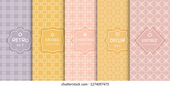 Set of seamless line patterns, colored background. Stylish decorative vintage, retro, arabic, christmas label decor set. Abstract geometric frame, vector illustration. Art Deco style, light colors