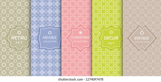 Set of seamless line patterns, colored background. Stylish decorative vintage, retro, arabic, christmas label decor set. Abstract geometric frame, vector illustration. Art Deco style, light colors