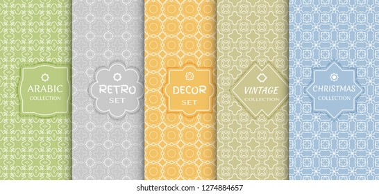 Set of seamless line patterns, colored background. Stylish decorative vintage, retro, arabic, christmas label decor set. Abstract geometric frame, vector illustration. Art Deco style, light colors