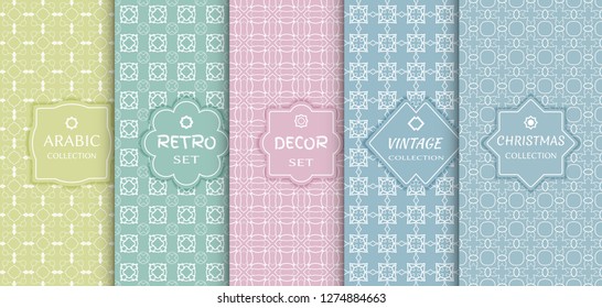 Set of seamless line patterns, colored background. Stylish decorative vintage, retro, arabic, christmas label decor set. Abstract geometric frame, vector illustration. Art Deco style, light colors