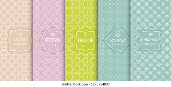 Set of seamless line patterns, colored background. Stylish decorative vintage, retro, arabic, christmas label decor set. Abstract geometric frame, vector illustration. Art Deco style, light colors