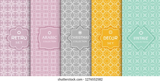 Set of seamless line patterns, colored background. Stylish decorative vintage, retro, arabic, christmas label decor set. Abstract geometric frame, vector illustration. Art Deco style, light colors