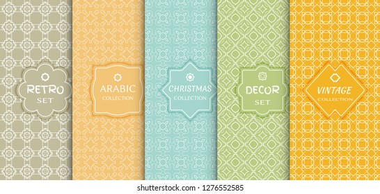 Set of seamless line patterns, colored background. Stylish decorative vintage, retro, arabic, christmas label decor set. Abstract geometric frame, vector illustration. Art Deco style, light colors