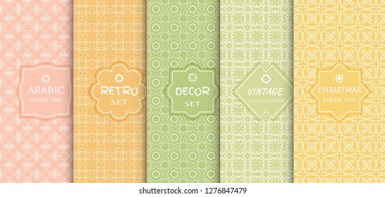 Set of seamless line patterns, colored background. Stylish decorative vintage, retro, arabic, christmas label decor set. Abstract geometric frame, vector illustration. Art Deco style, light colors