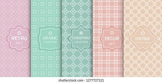 Set of seamless line patterns, colored background. Stylish decorative vintage, retro, arabic, christmas label decor set. Abstract geometric frame, vector illustration. Art Deco style, light colors
