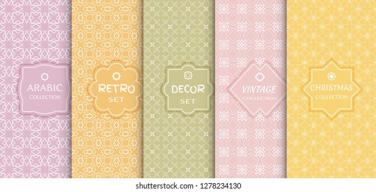 Set of seamless line patterns, colored background. Stylish decorative vintage, retro, arabic, christmas label decor set. Abstract geometric frame, vector illustration. Art Deco style, light colors