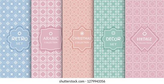Set of seamless line patterns, colored background. Stylish decorative vintage, retro, arabic, christmas label decor set. Abstract geometric frame, vector illustration. Art Deco style, light colors