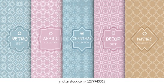 Set of seamless line patterns, colored background. Stylish decorative vintage, retro, arabic, christmas label decor set. Abstract geometric frame, vector illustration. Art Deco style, light colors
