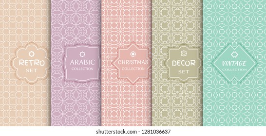 Set of seamless line patterns, colored background. Stylish decorative vintage, retro, arabic, christmas label decor set. Abstract geometric frame, vector illustration. Art Deco style, light colors