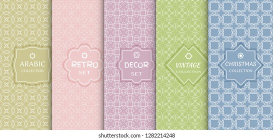 Set of seamless line patterns, colored background. Stylish decorative vintage, retro, arabic, christmas label decor set. Abstract geometric frame, vector illustration. Art Deco style, light colors