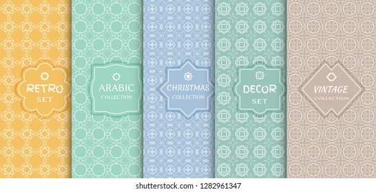 Set of seamless line patterns, colored background. Stylish decorative vintage, retro, arabic, christmas label decor set. Abstract geometric frame, vector illustration. Art Deco style, light colors