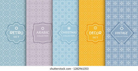 Set of seamless line patterns, colored background. Stylish decorative vintage, retro, arabic, christmas label decor set. Abstract geometric frame, vector illustration. Art Deco style, light colors