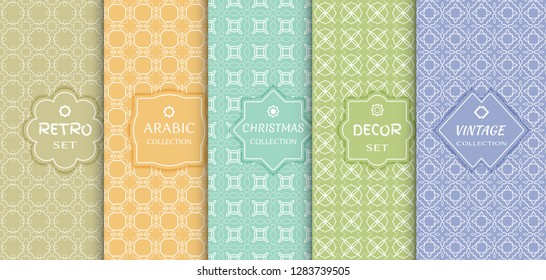 Set of seamless line patterns, colored background. Stylish decorative vintage, retro, arabic, christmas label decor set. Abstract geometric frame, vector illustration. Art Deco style, light colors