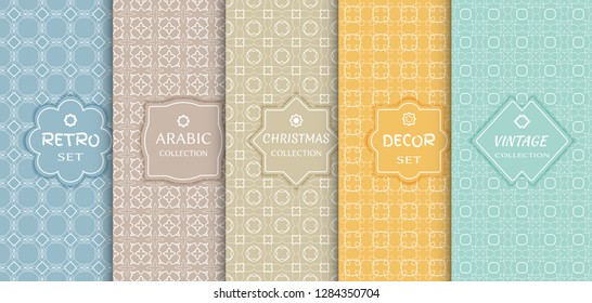Set of seamless line patterns, colored background. Stylish decorative vintage, retro, arabic, christmas label decor set. Abstract geometric frame, vector illustration. Art Deco style, light colors
