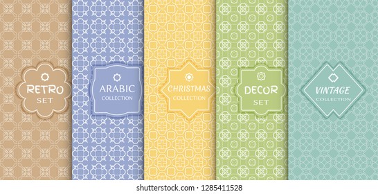 Set of seamless line patterns, colored background. Stylish decorative vintage, retro, arabic, christmas label decor set. Abstract geometric frame, vector illustration. Art Deco style, light colors