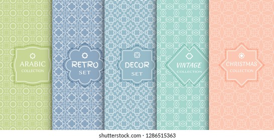 Set of seamless line patterns, colored background. Stylish decorative vintage, retro, arabic, christmas label decor set. Abstract geometric frame, vector illustration. Art Deco style, light colors