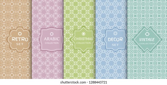 Set of seamless line patterns, colored background. Stylish decorative vintage, retro, arabic, christmas label decor set. Abstract geometric frame, vector illustration. Art Deco style, light colors