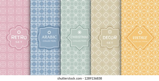 Set of seamless line patterns, colored background. Stylish decorative vintage, retro, arabic, christmas label decor set. Abstract geometric frame, vector illustration. Art Deco style, light colors