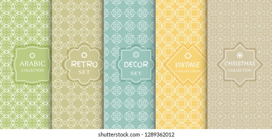 Set of seamless line patterns, colored background. Stylish decorative vintage, retro, arabic, christmas label decor set. Abstract geometric frame, vector illustration. Art Deco style, light colors