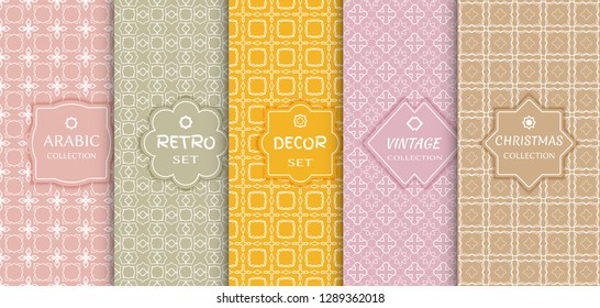 Set of seamless line patterns, colored background. Stylish decorative vintage, retro, arabic, christmas label decor set. Abstract geometric frame, vector illustration. Art Deco style, light colors