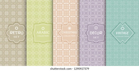 Set of seamless line patterns, colored background. Stylish decorative vintage, retro, arabic, christmas label decor set. Abstract geometric frame, vector illustration. Art Deco style, light colors