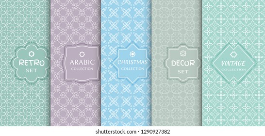 Set of seamless line patterns, colored background. Stylish decorative vintage, retro, arabic, christmas label decor set. Abstract geometric frame, vector illustration. Art Deco style, light colors