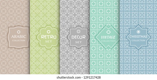 Set of seamless line patterns, colored background. Stylish decorative vintage, retro, arabic, christmas label decor set. Abstract geometric frame, vector illustration. Art Deco style, light colors