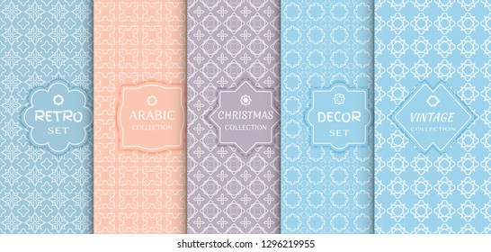 Set of seamless line patterns, colored background. Stylish decorative vintage, retro, arabic, christmas label decor set. Abstract geometric frame, vector illustration. Art Deco style, light colors