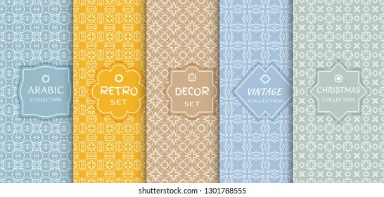 Set of seamless line patterns, colored background. Stylish decorative vintage, retro, arabic, christmas label decor set. Abstract geometric frame, vector illustration. Art Deco style, light colors