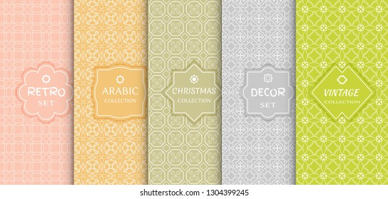 Set of seamless line patterns, colored background. Stylish decorative vintage, retro, arabic, christmas label decor set. Abstract geometric frame, vector illustration. Art Deco style, light colors