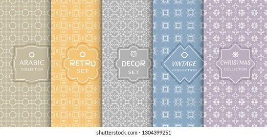 Set of seamless line patterns, colored background. Stylish decorative vintage, retro, arabic, christmas label decor set. Abstract geometric frame, vector illustration. Art Deco style, light colors